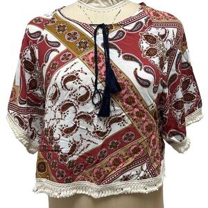 Bohemian Blouse Paisley‎ Floral Crochet Trim White/Mauve S-M, Vintage